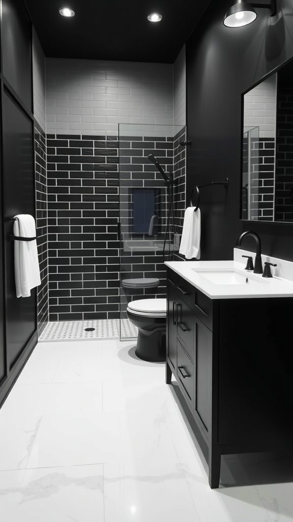 Stylish black and white bathroom with modern fixtures and elegant design.