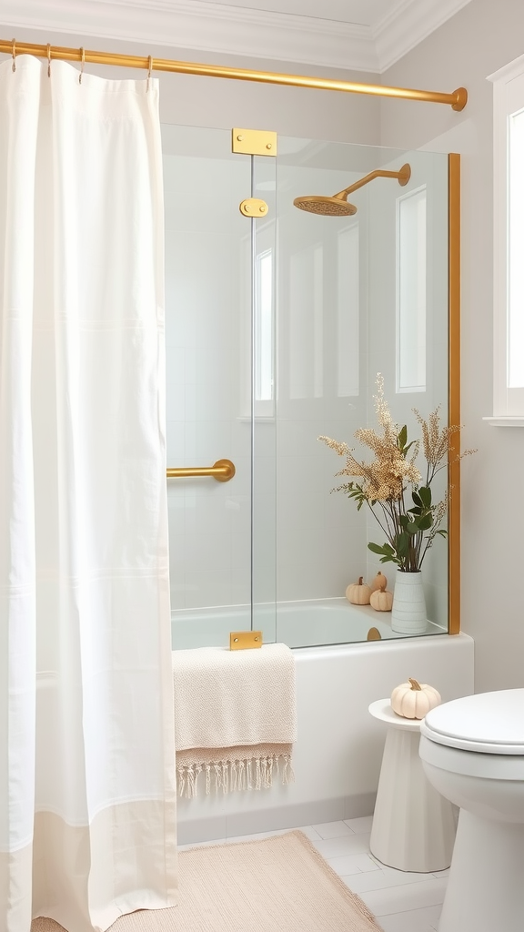 A bright bathroom decorated with golden accents, a white shower curtain, and small pumpkins, embodying a crisp fall morning vibe.