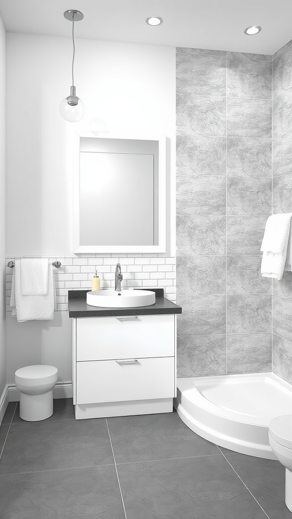 A modern bathroom featuring crisp white walls and charcoal gray tiles, with stylish fixtures and accessories.