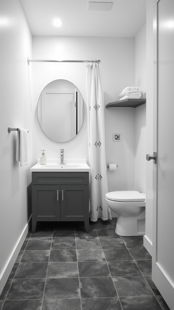 A small bathroom featuring a white and charcoal gray color scheme with modern fixtures.