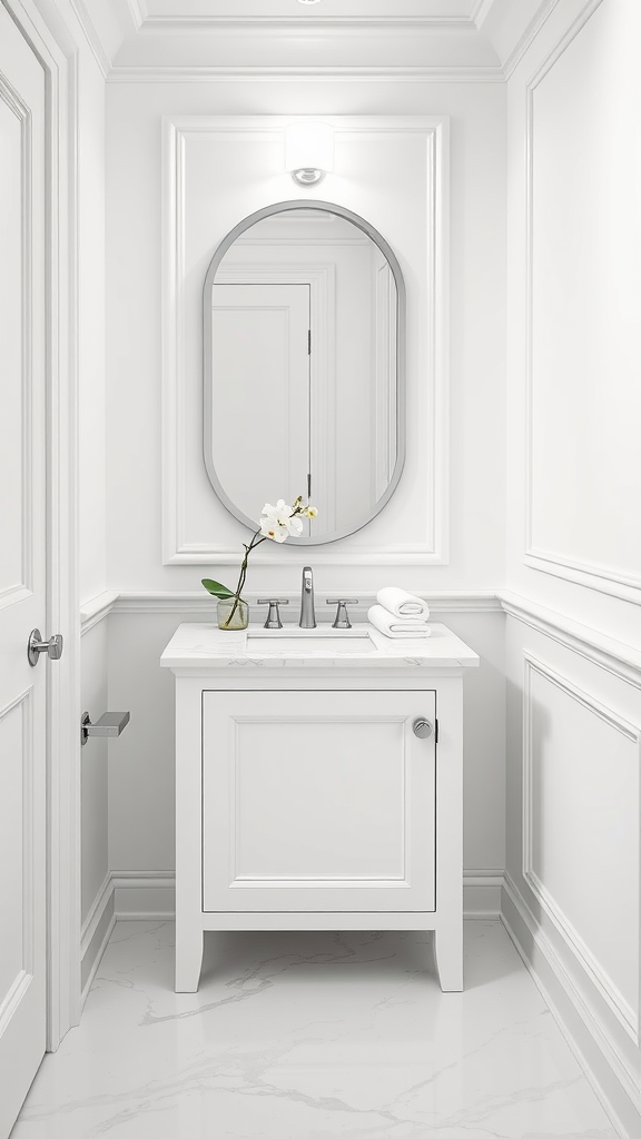 Crisp white half bathroom with marble countertop and elegant mirror