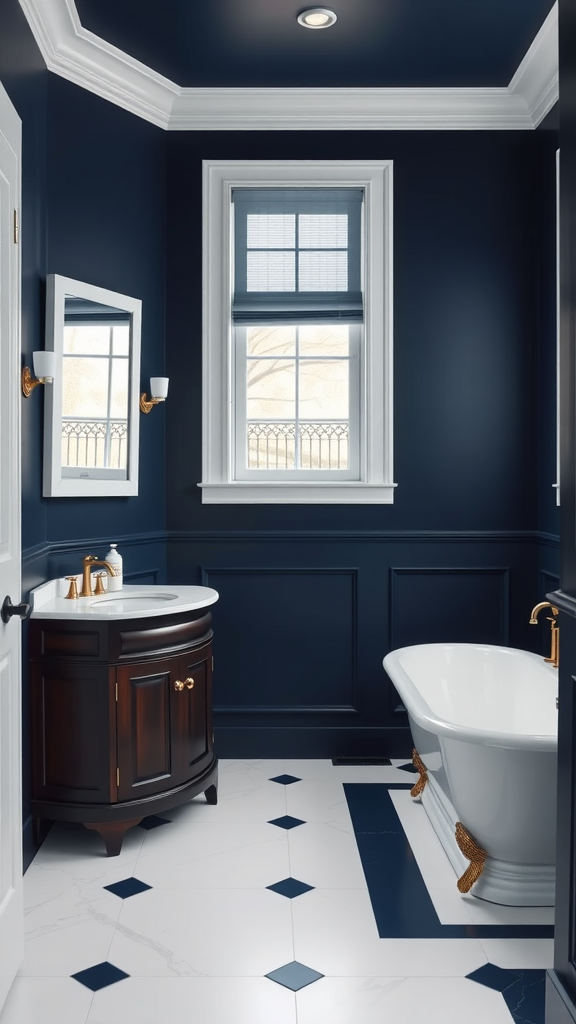 A stylish bathroom featuring dark blue walls, a white freestanding tub, and a dark wood vanity with gold fixtures.