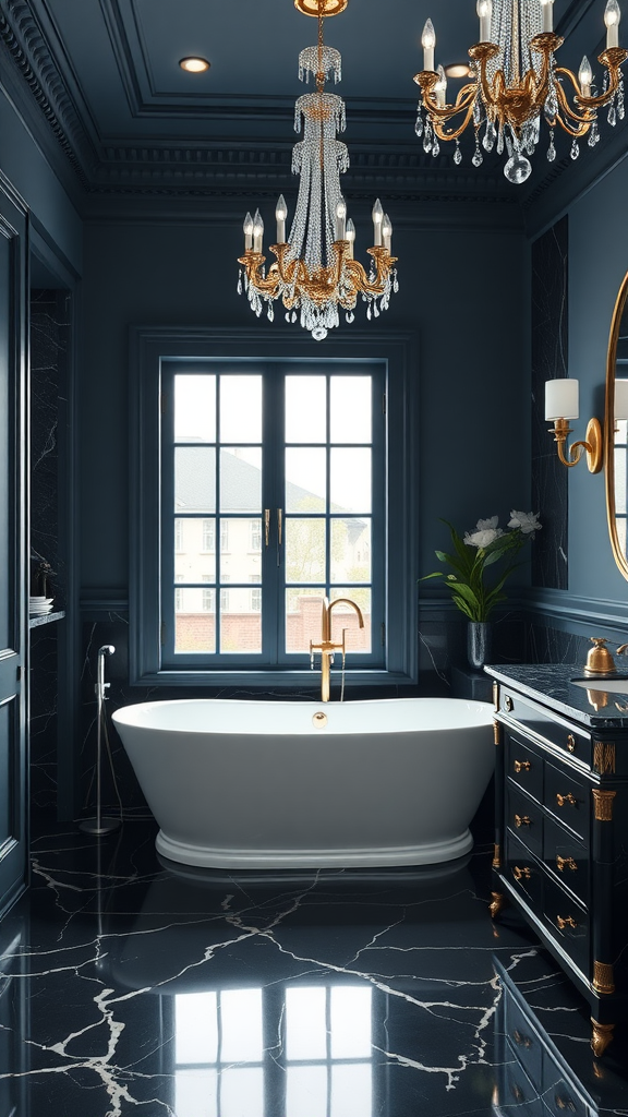 Luxurious dark blue bathroom featuring black marble accents and elegant chandeliers.