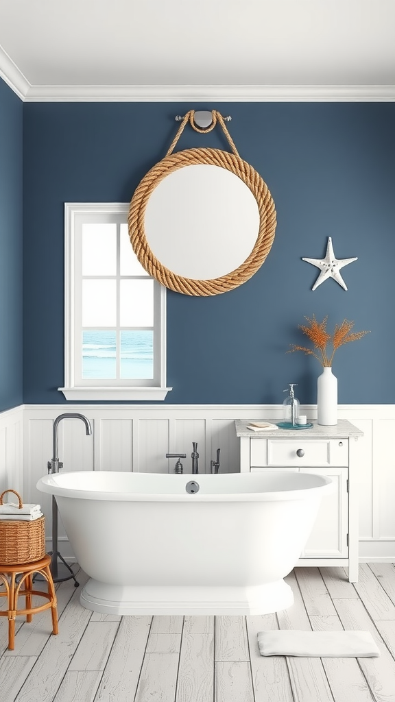 A coastal-themed bathroom featuring dark blue walls, a freestanding white bathtub, a round mirror with a rope frame, and wooden flooring.