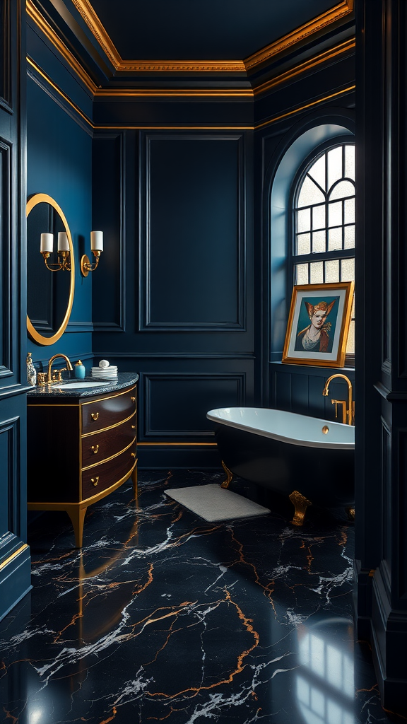 A luxurious dark blue bathroom featuring gold accents, elegant marble flooring, and a stylish freestanding bathtub.