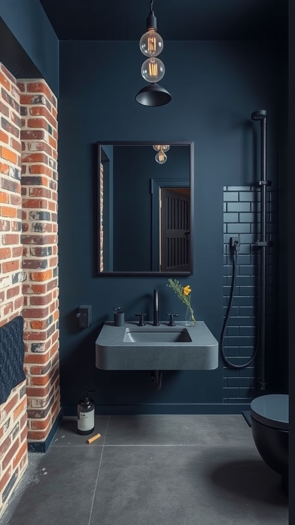 A dark blue industrial bathroom featuring exposed brick, a floating sink, black fixtures, and unique lighting.