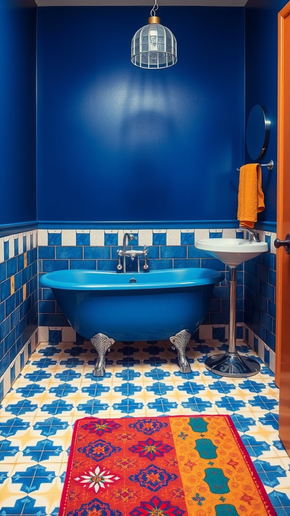 Retro bathroom featuring dark blue walls, a blue clawfoot bathtub, patterned tiles, and modern fixtures