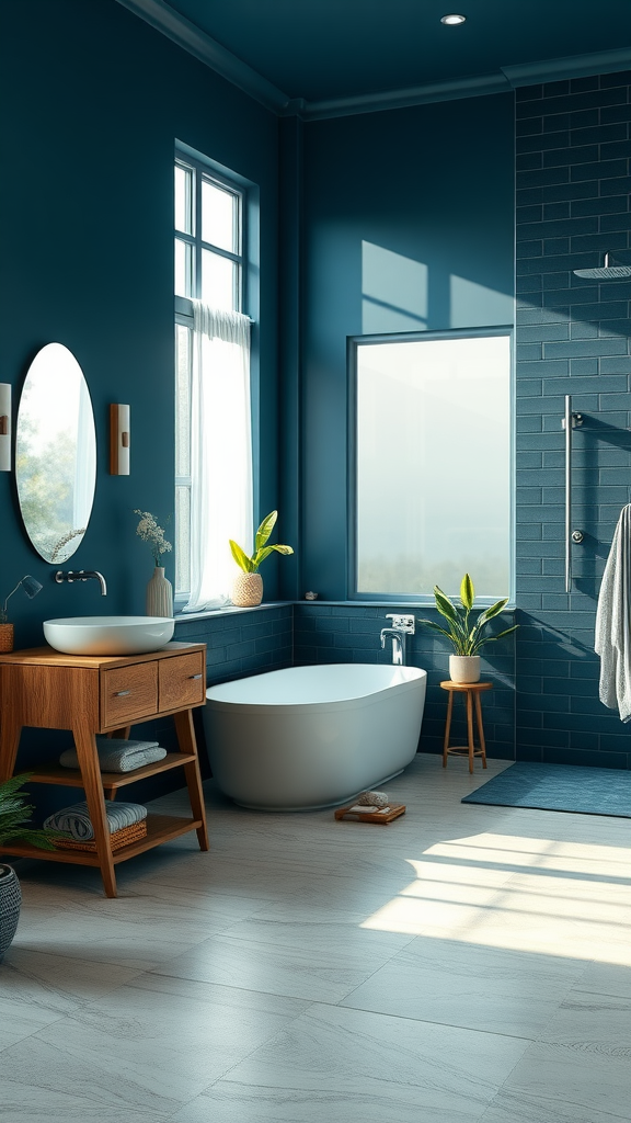 A serene dark blue bathroom featuring a soaking tub, wooden vanity, and plants.