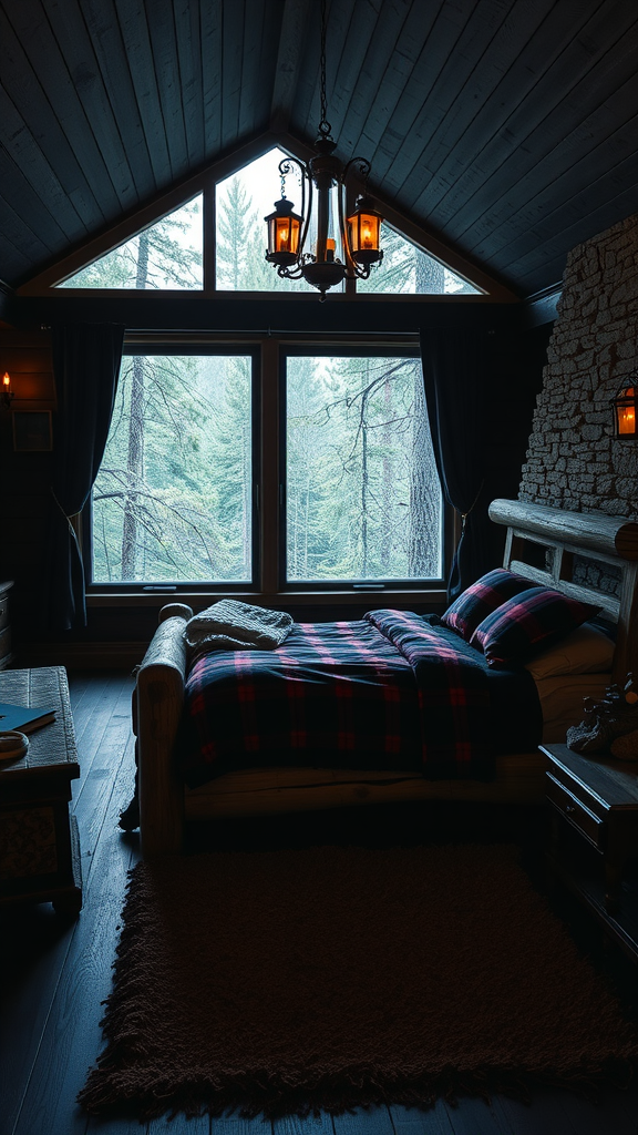 Cozy dark cabin bedroom with wooden accents and plaid bedding