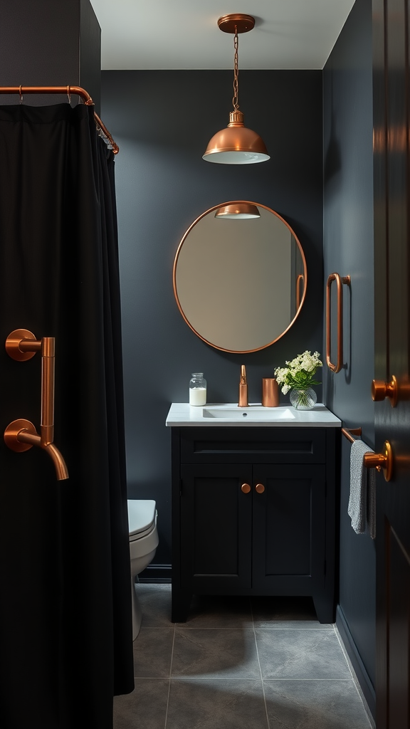 A stylish small bathroom featuring dark charcoal walls and copper accents