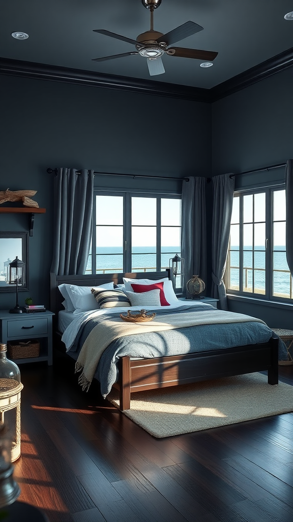 A dark coastal bedroom featuring a cozy bed, large windows with ocean view, and a warm atmosphere.