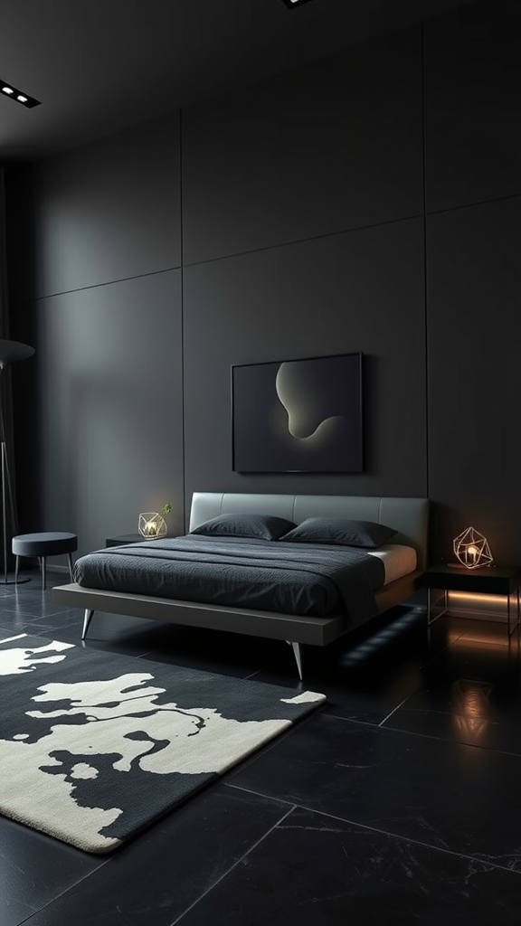 A modern dark bedroom featuring black walls, a low-profile bed, geometric lamps, and a patterned rug.