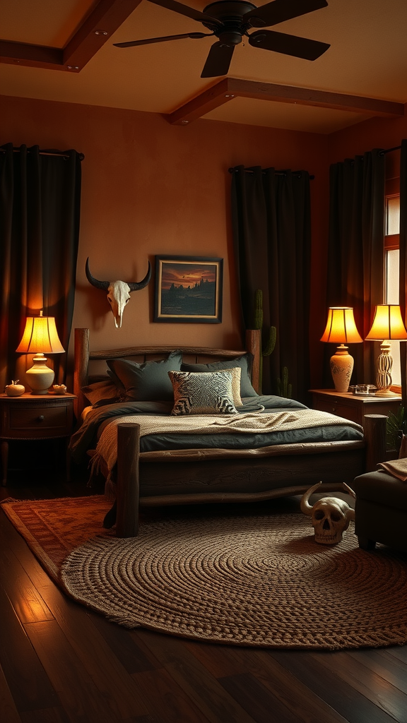 A dark desert-themed bedroom with wooden elements, warm lighting, and rustic decor.