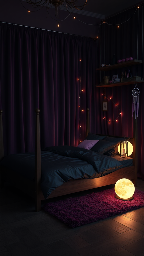 A dark dreamy bedroom with purple curtains, dark bedding, soft pillows, glowing orbs, and twinkling string lights.