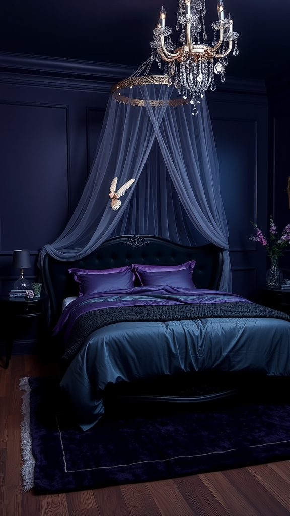 A dark fairy tale bedroom featuring navy walls, plush bedding, a chandelier, and a decorative bird.