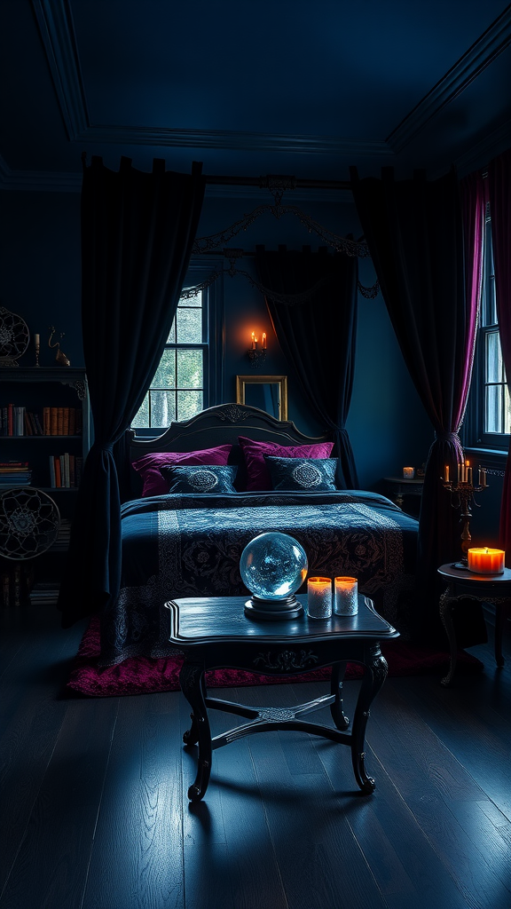 A dark fantasy bedroom with deep blue walls, rich purple bedding, candles, and a crystal ball.