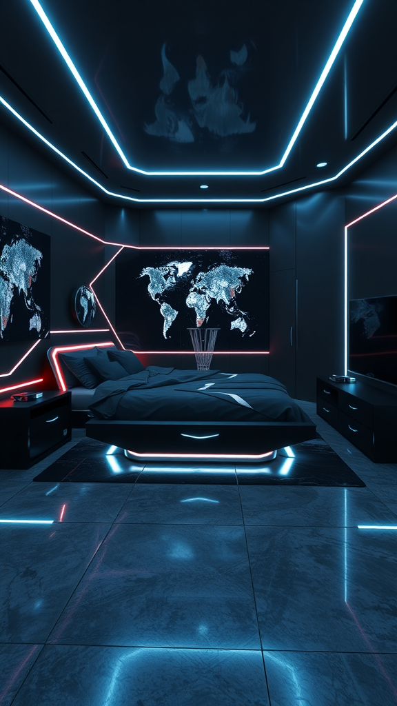 A dark futuristic bedroom with neon lights and a modern bed design