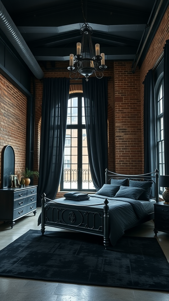 Dark gothic loft bedroom with exposed brick walls, large windows, and elegant chandelier.