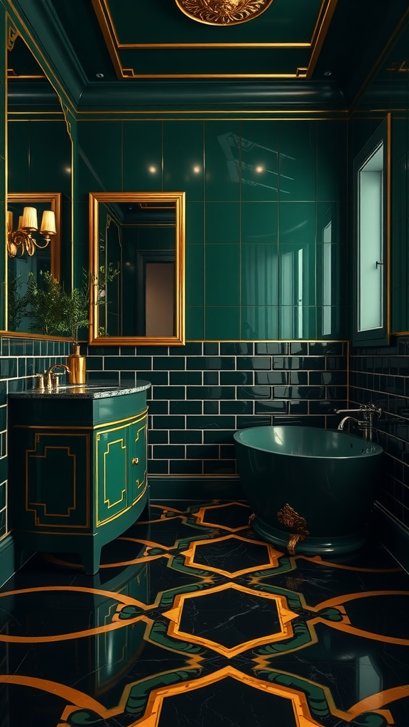 An elegant dark green Art Deco bathroom featuring glossy tiles, gold accents, and a striking floor pattern.