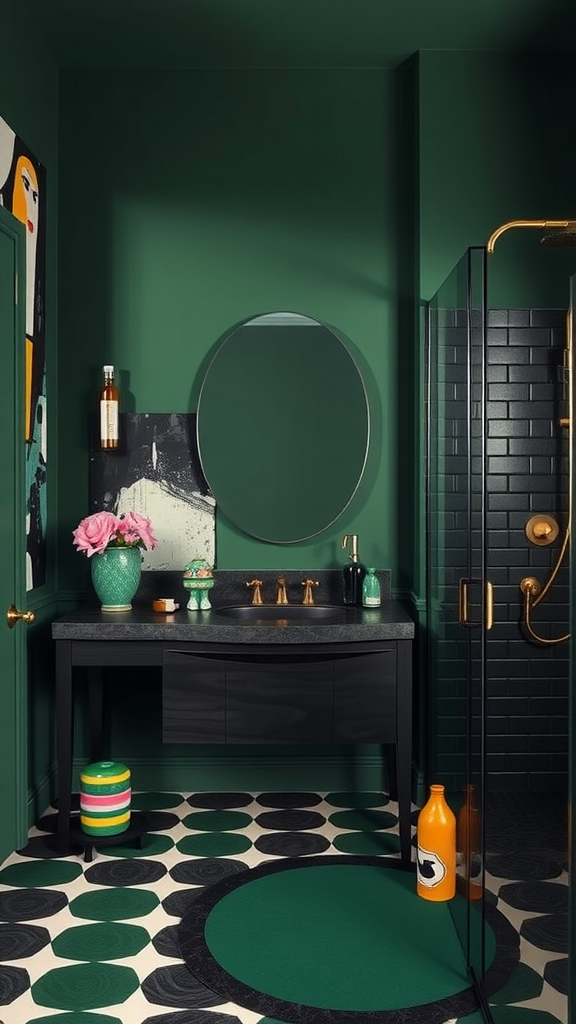 A stylish dark green bathroom featuring a circular mirror, patterned floor, and modern fixtures.