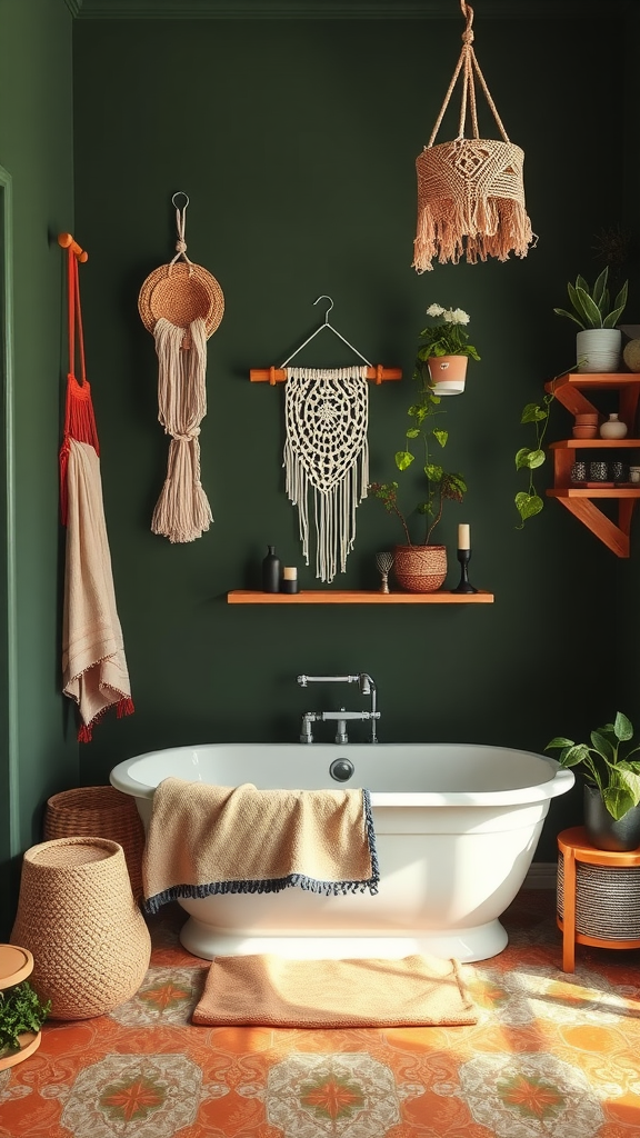 A dark green boho bathroom featuring a freestanding tub, macramé decorations, and vibrant plants.