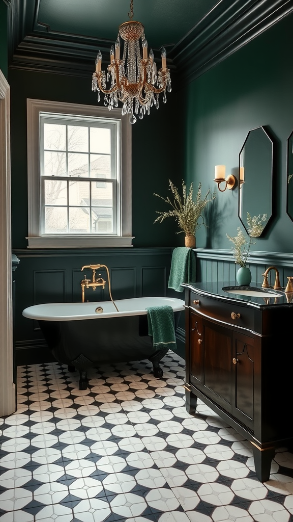 A classic dark green bathroom featuring a freestanding bathtub, patterned tiles, a chandelier, and elegant fixtures.