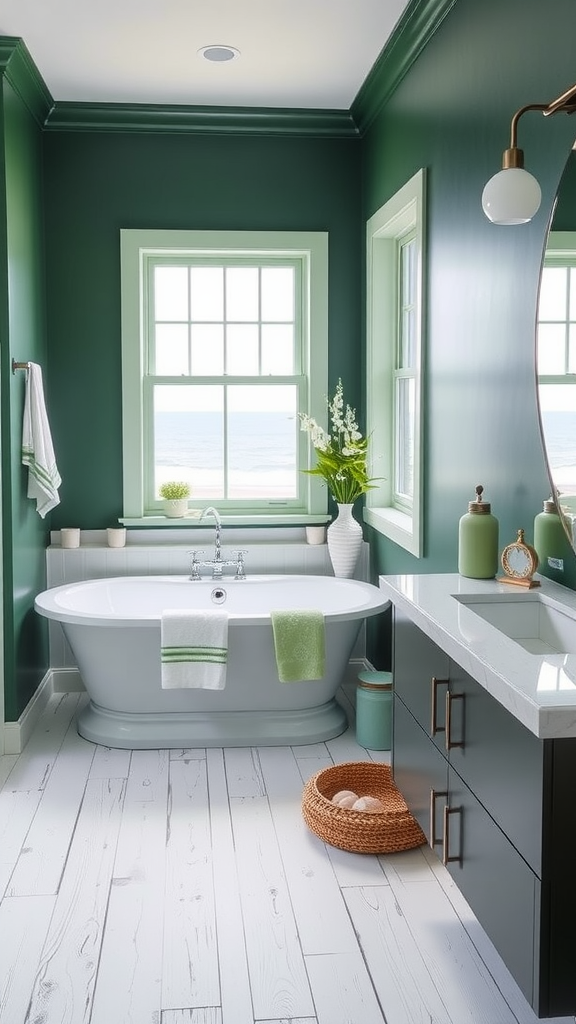 A beautifully designed dark green coastal bathroom featuring a white freestanding tub, large window with ocean view, and modern fixtures.