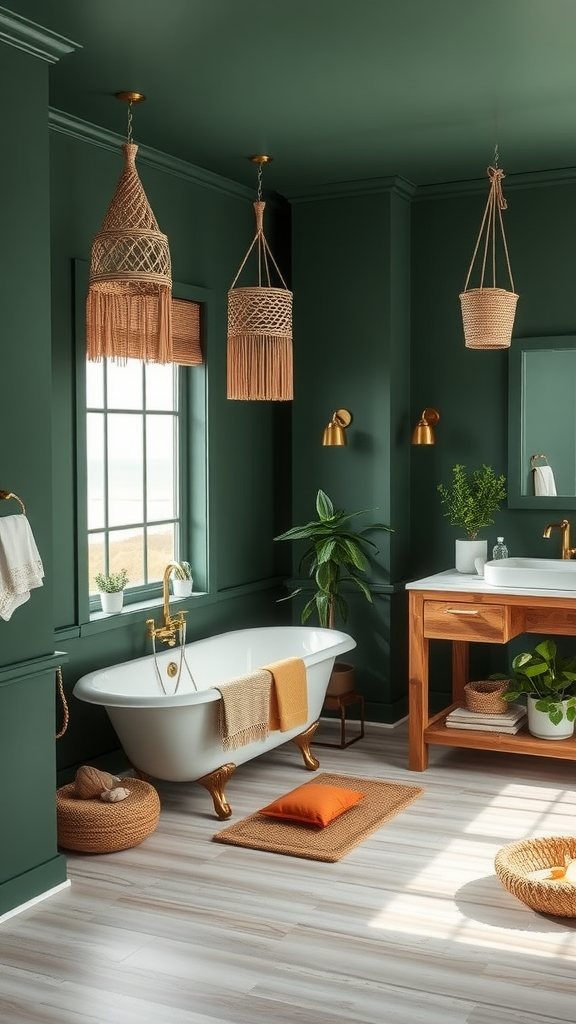 A stylish dark green bathroom featuring a vintage bathtub, macrame light fixtures, and wooden accents.