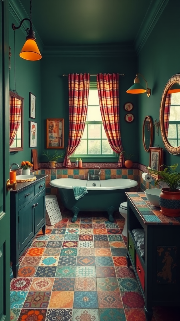 An eclectic dark green bathroom featuring patterned tiles, vintage mirrors, and warm curtains.