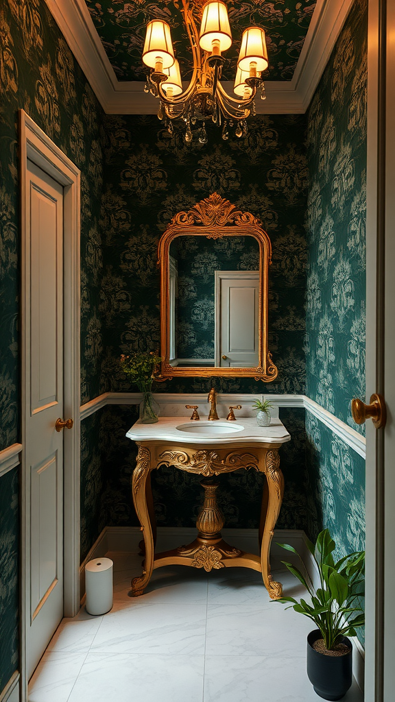 Elegant powder room with dark green wallpaper, gold accents, and a marble vanity.