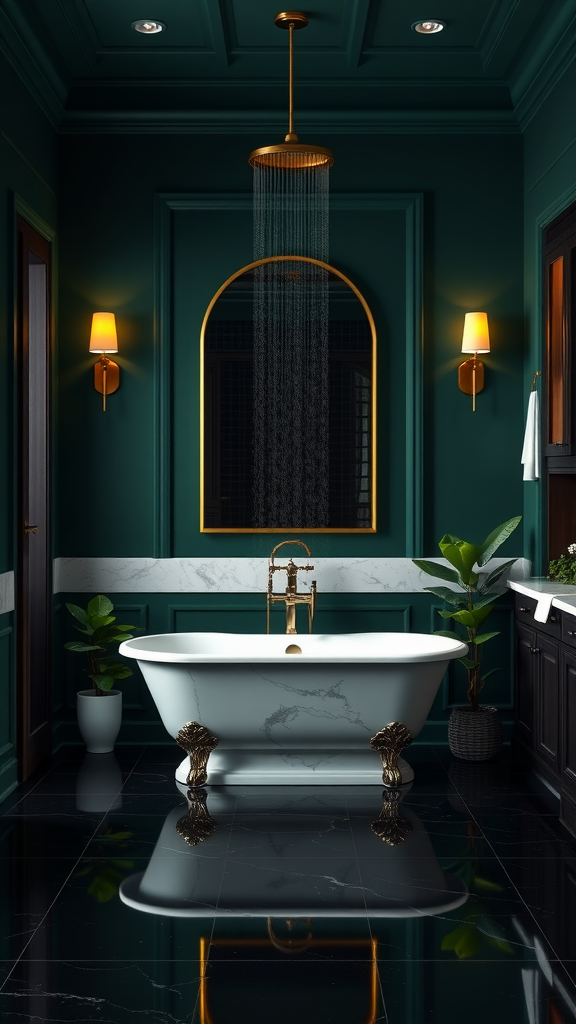 Dark green elegant spa bathroom with a freestanding bathtub and gold accents