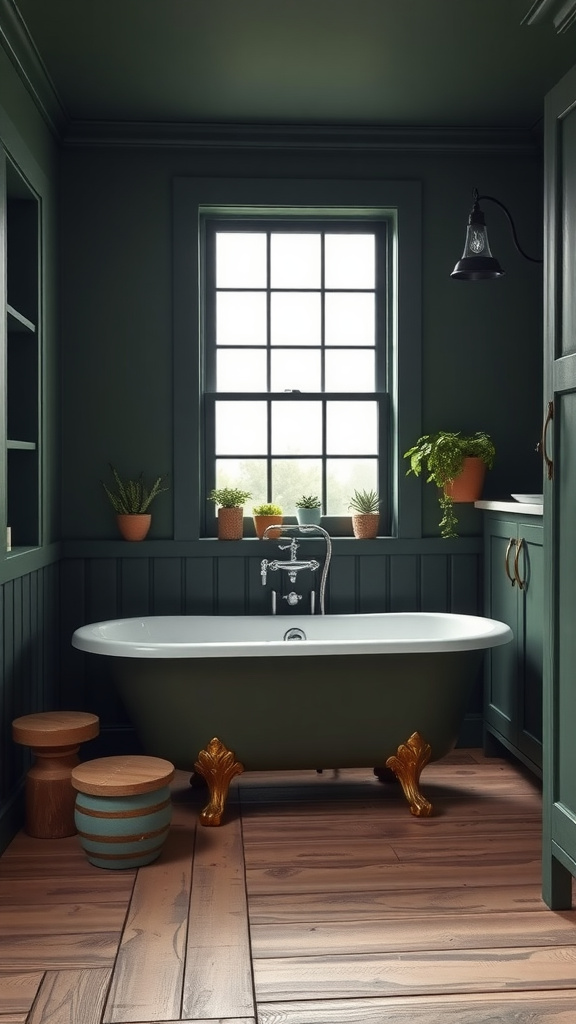 Dark green farmhouse bathroom featuring a freestanding bathtub and wooden accents