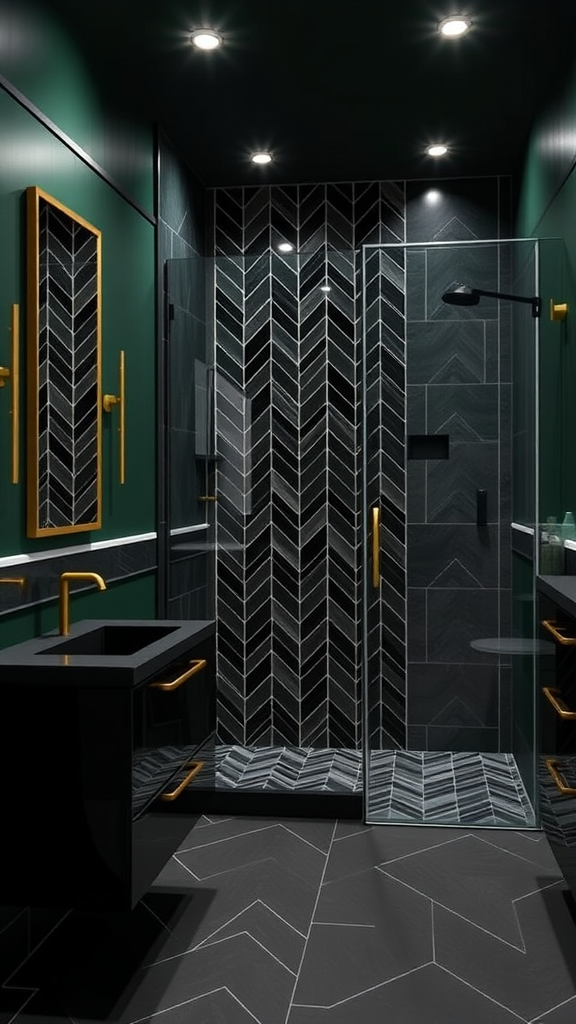 A dark green bathroom featuring geometric tiles, glass shower enclosure, and gold fixtures.