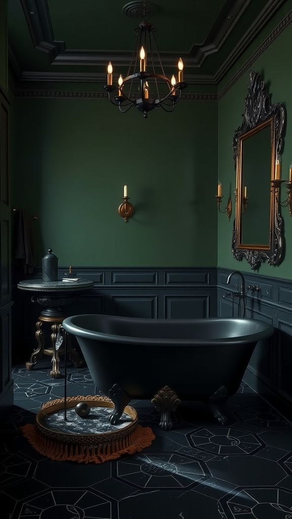 A dark green gothic bathroom featuring a clawfoot tub, ornate chandelier, and gold accents.