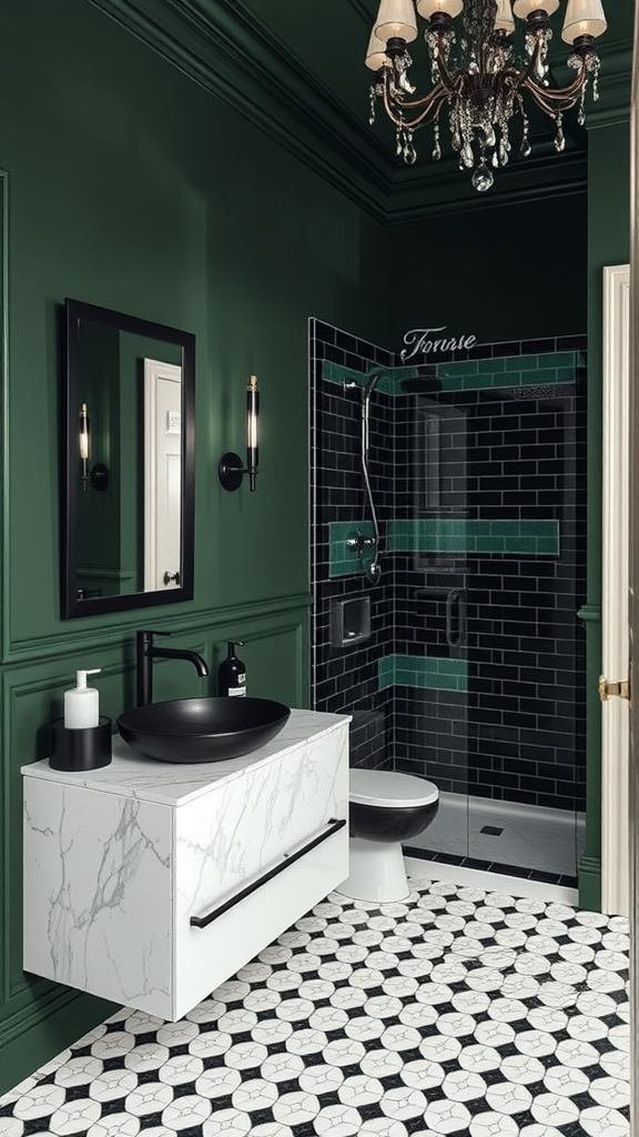 A luxurious dark green bathroom featuring a black vanity, patterned floor tiles, and elegant lighting.