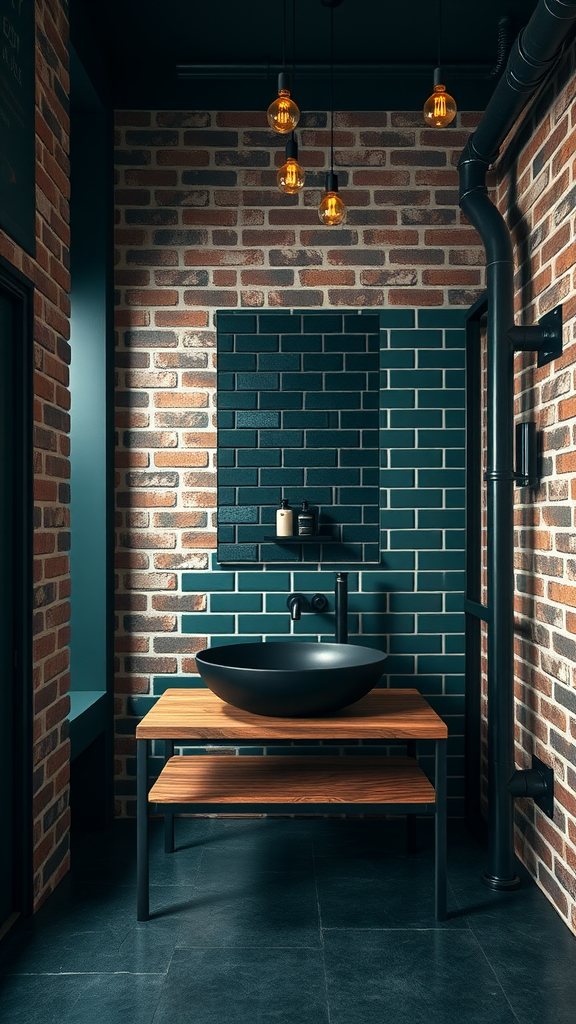 Industrial bathroom with dark green tiles, exposed brick walls, and a black basin on a wooden frame.