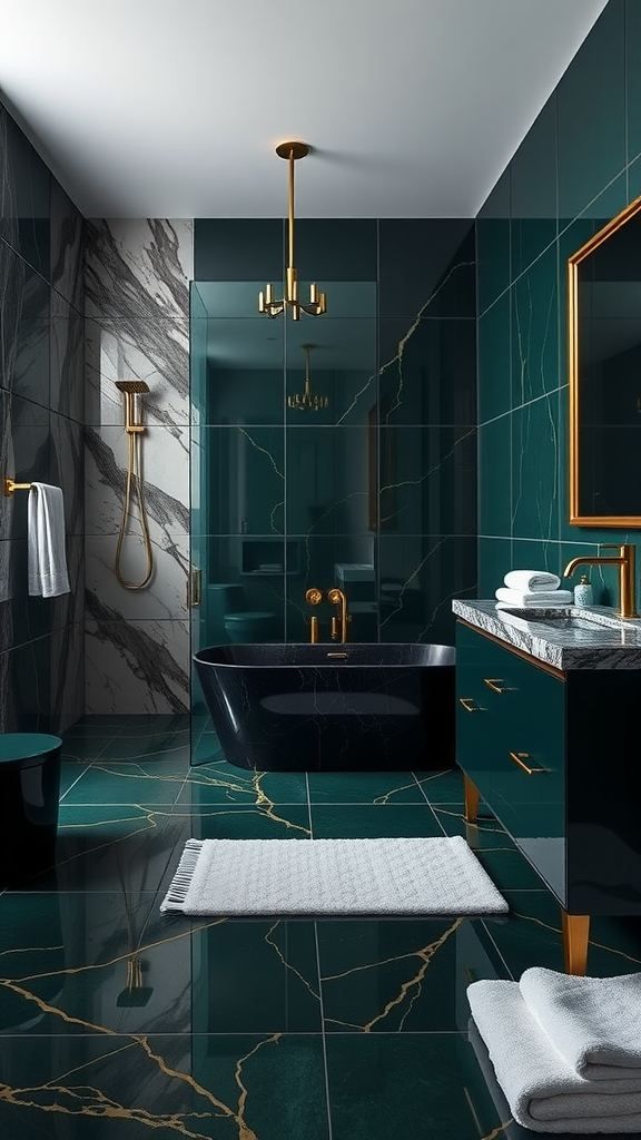 A luxurious bathroom with dark green tiles, gold fixtures, and a freestanding black bathtub.