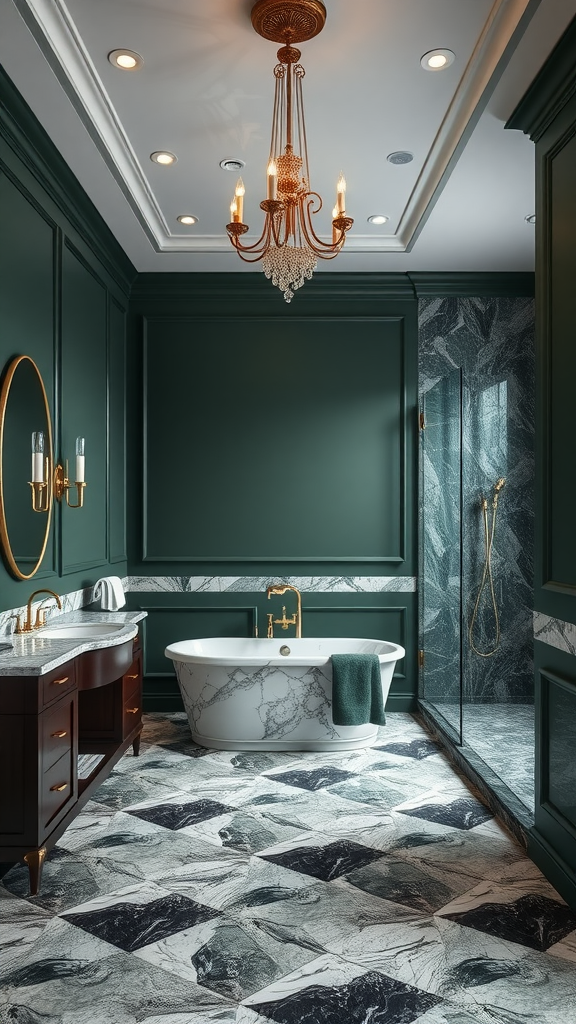 A luxurious dark green bathroom featuring marble flooring, a freestanding bathtub, and elegant lighting.