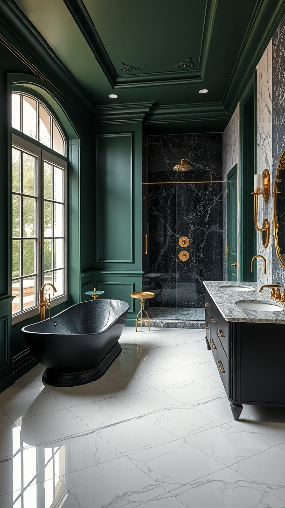 Dark green luxury ensuite bathroom featuring a black freestanding tub, gold accents, and marble flooring