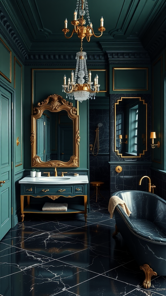 Luxurious dark green hotel bathroom with gold accents, marble floor, and chandelier.