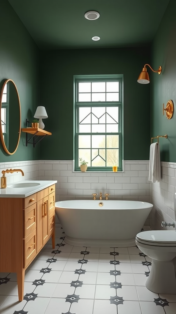 A dark green mid-century modern bathroom featuring a wooden vanity, a white bathtub, and patterned floor tiles.