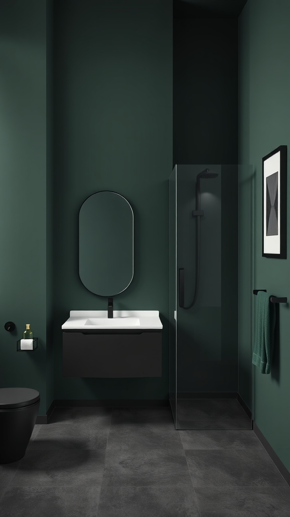 A minimalist bathroom with dark green walls, a sleek black sink, a glass shower, and modern fixtures.