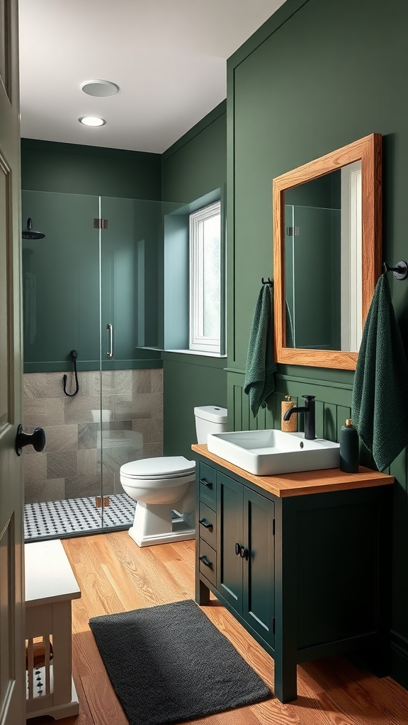 A modern farmhouse bathroom featuring dark green walls, wooden accents, and a glass shower enclosure.