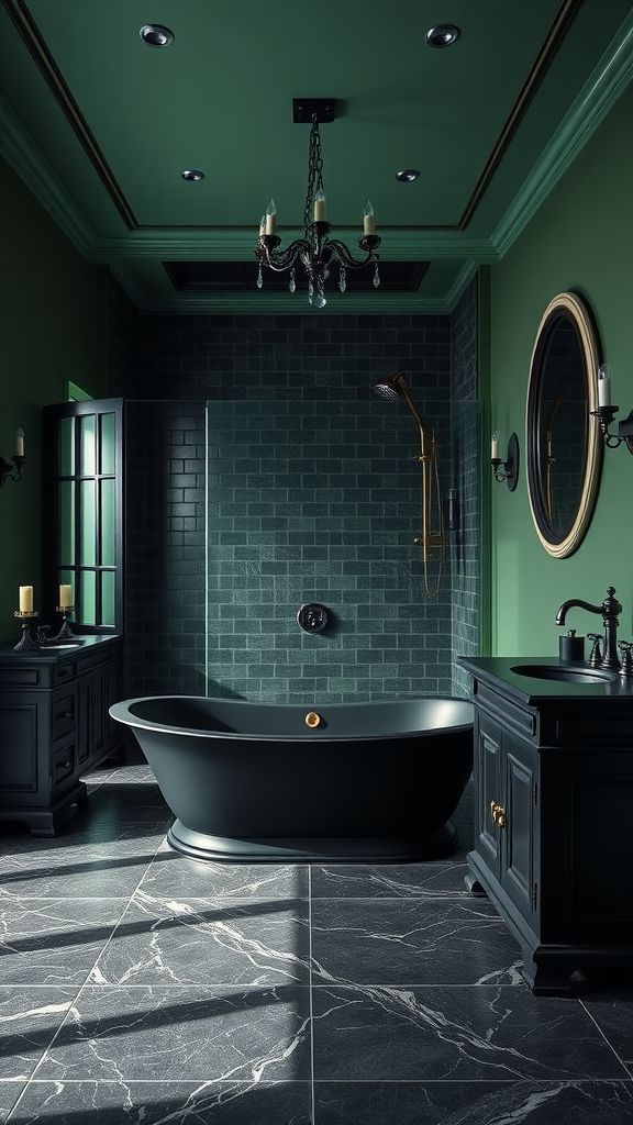 A dark green modern gothic bathroom featuring a freestanding black bathtub, dark cabinetry, and a chandelier.