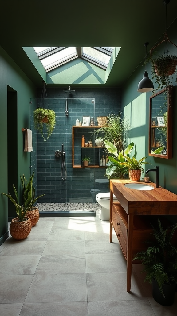 A dark green bathroom featuring plants, a wooden vanity, and a skylight.