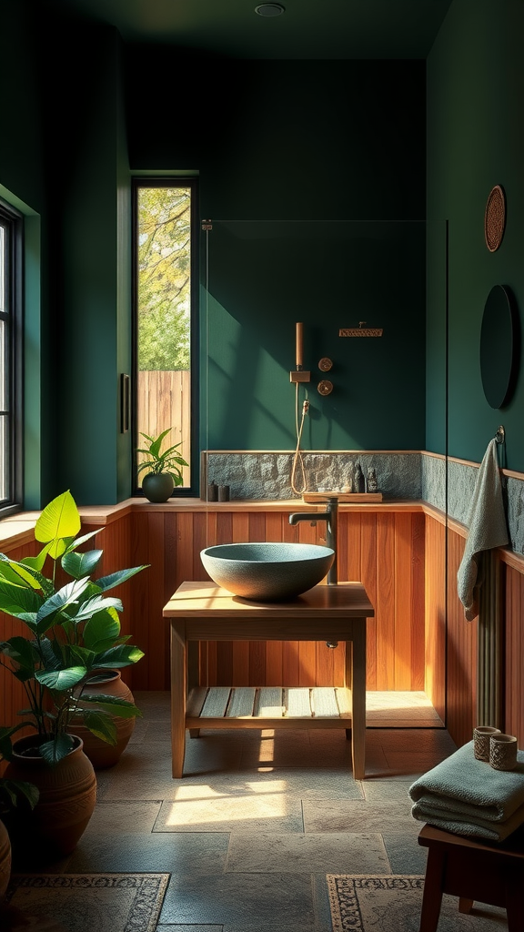 Dark green bathroom with wooden accents and plants