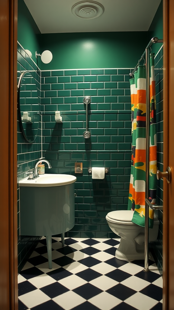 A retro bathroom featuring dark green subway tiles, a unique curved sink, and a colorful shower curtain.