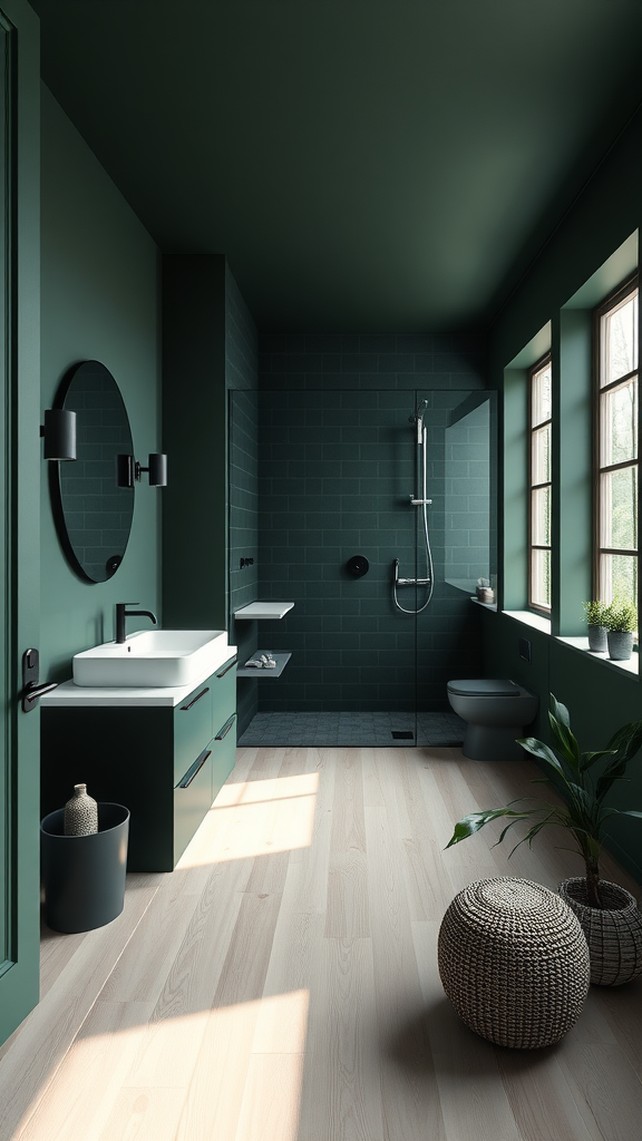 A modern dark green Scandinavian bathroom featuring a bright white sink, large windows, and natural wooden flooring.