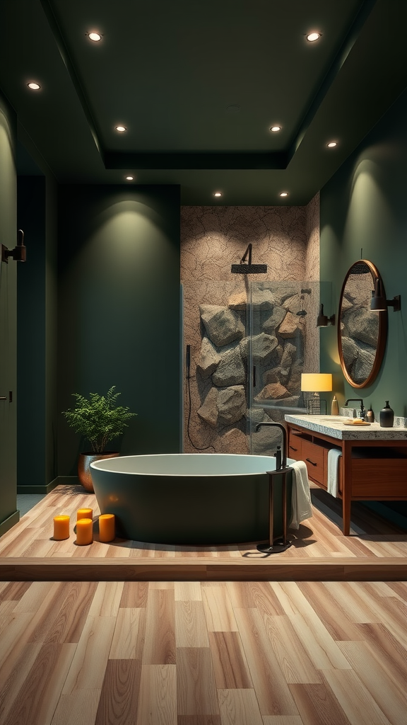 Dark green bathroom with a freestanding tub, natural stone wall, wooden accents, and candles.