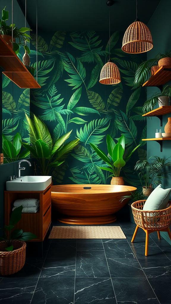 A dark green tropical bathroom featuring a wooden bathtub, leafy wallpaper, and hanging rattan lights.